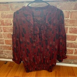 Red feather sheer ruffles blouse